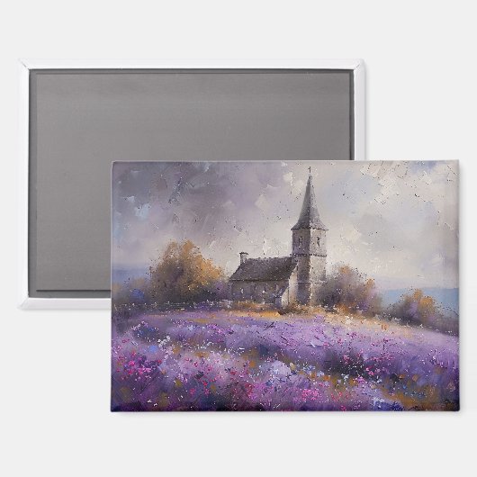 Rustieke kerk en Paarse Wildflower Field Painting Magneet (Voorkant / Achterkant)