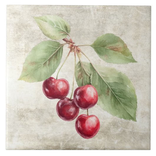Rustieke kersen watercolor fruit tegeltje (Voorkant)