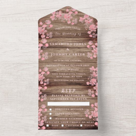 Rustieke Kersenbloesem Japanse Bloemen Hout Sakura All In One Uitnodiging (Binnen)