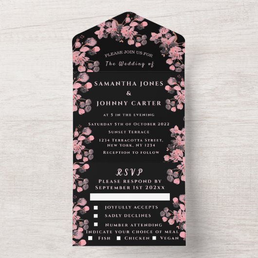 Rustieke Kersenbloesem Japanse Bloemen Roze Sakura All In One Uitnodiging (Binnen)