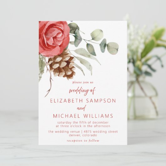 Rustieke Kerst Bloemen Pinecone Huwelijk Kaart (Staand voorkant)