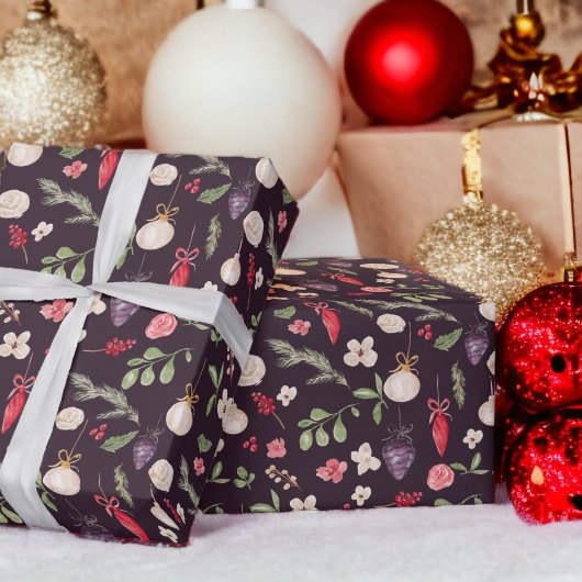 Rustieke kerst bloemenbal waterverf patroon cadeaupapier