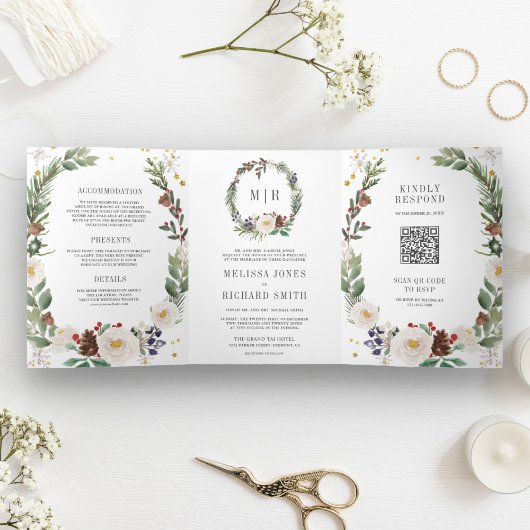 Rustieke Kerst Bloemige Initiaal QR Code Trouwfees Drieluik Uitnodiging