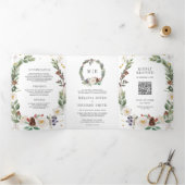 Rustieke Kerst Bloemige Initiaal QR Code Trouwfees Drieluik Uitnodiging (Binnen)