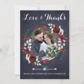 Rustieke kerst bordeaux bloemenfoto bruiloft bedankkaart (Voorkant)