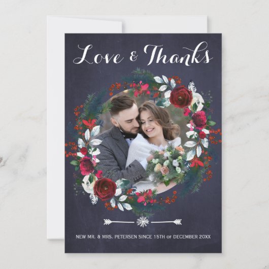 Rustieke kerst bordeaux bloemenfoto bruiloft bedankkaart (Voorkant)