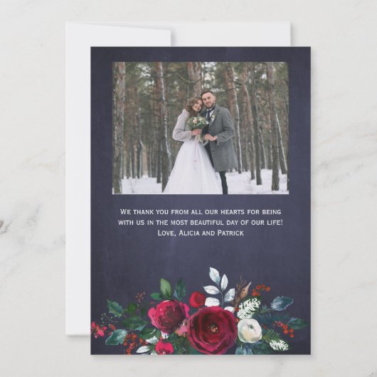Rustieke kerst bordeaux bloemenfoto bruiloft bedankkaart (Achterkant)