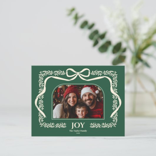 Rustieke Kerst Botanische Bow Ribbon Foto Lijst Briefkaart (Staand voorkant)