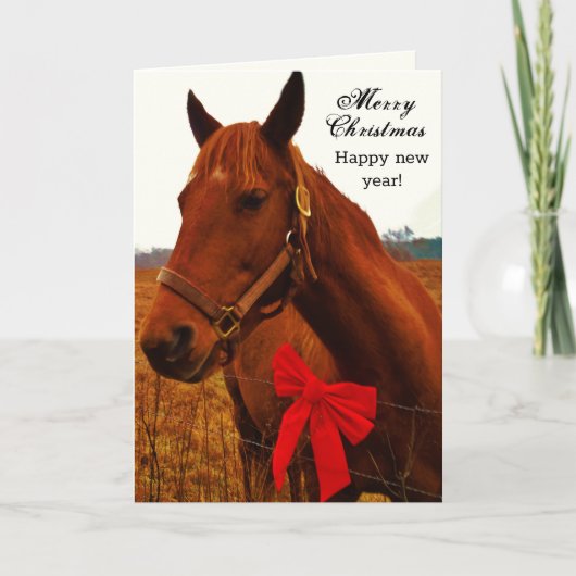 Rustieke Kerst Bruin Paard Rode Bow Feestdagen Kaart (Voorkant)