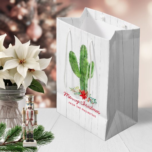 Rustieke kerst cactus wit hout vakantie medium cadeauzakje