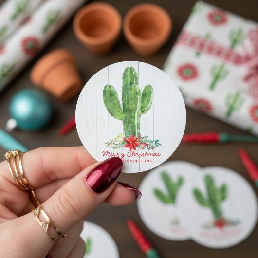Rustieke kerst cactus wit hout vakantie ronde sticker
