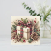 Rustieke Kerst Coquette Plaid Bow Holly Pinecone Feestdagenkaart (Staand voorkant)