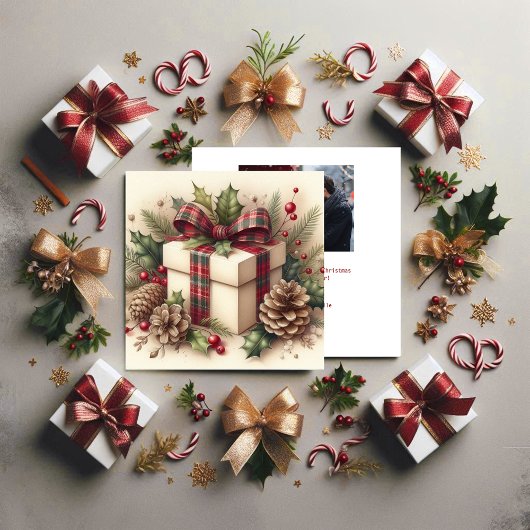 Rustieke Kerst Coquette Plaid Bow Holly Pinecone Feestdagenkaart