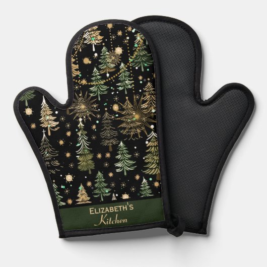 Rustieke Kerst Evergreen Bomen Groen en Goud Ovenwant (Voorkant / Achterkant)