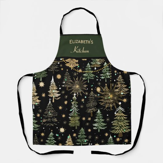 Rustieke Kerst Evergreen Bomen Groen en Goud Schort (Voorkant)