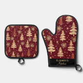 Rustieke Kerst Evergreen Bomen Rood en Goud Ovenwant & Pannenlap Set (Voorkant)
