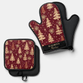 Rustieke Kerst Evergreen Bomen Rood en Goud Ovenwant & Pannenlap Set (Voorkant / Achterkant)