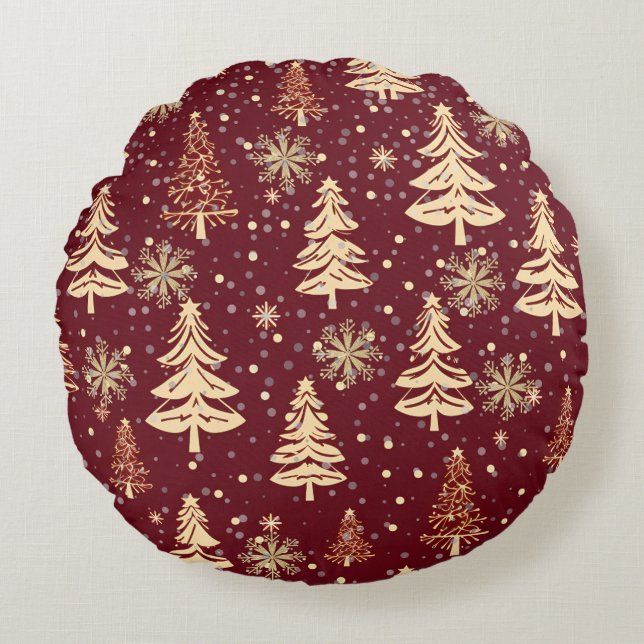 Rustieke Kerst Evergreen Bomen Rood en Goud Rond Kussen (Voorkant)