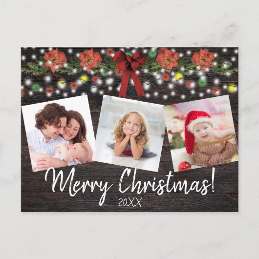 Rustieke Kerst Feestelijke Lichten & Garland 3 Fot Feestdagenkaart (Voorkant)