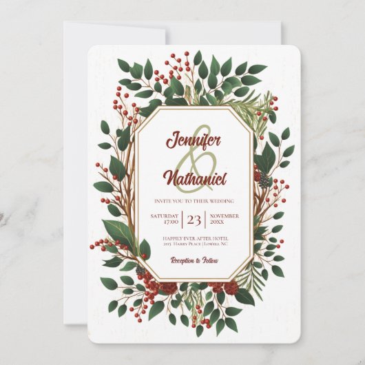 Rustieke Kerst Foliage Hout Feestelijke bruiloft Kaart (Voorkant)