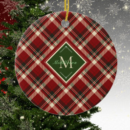 Rustieke Kerst Geplaagd Groen Monogram Naam Vakant Keramisch Ornament