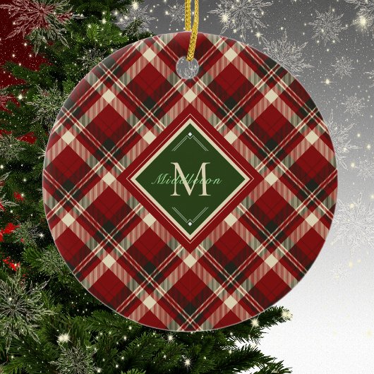 Rustieke Kerst Geplaagd Groen Monogram Naam Vakant Keramisch Ornament