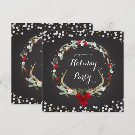 Rustieke kerst gewei krans partij uitnodigingen (Voorkant / Achterkant)