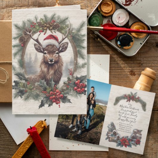 Rustieke Kerst Herten gewei Krans Familie Foto Bedankkaart