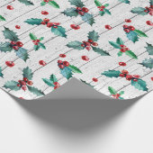 Rustieke kerst Holly op witte schuur hout patroon Cadeaupapier (Hoek)