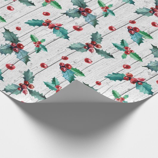 Rustieke kerst Holly op witte schuur hout patroon Cadeaupapier (Hoek)