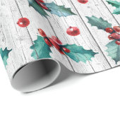 Rustieke kerst Holly op witte schuur hout patroon Cadeaupapier (Rol Hoek)
