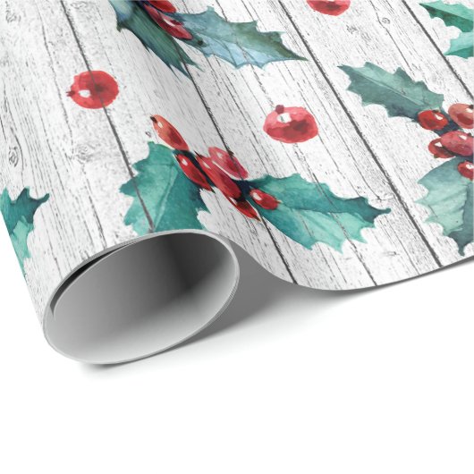 Rustieke kerst Holly op witte schuur hout patroon Cadeaupapier (Rol Hoek)