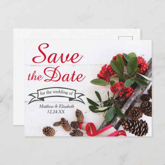 Rustieke kerst Holly & Pine kegels Save The Date Aankondigingskaart (Voorkant / Achterkant)