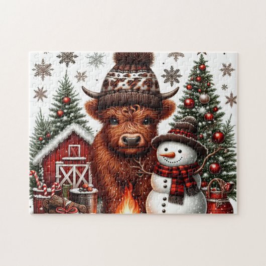 Rustieke Kerst Hoogland Koe Legpuzzel (Horizontaal)