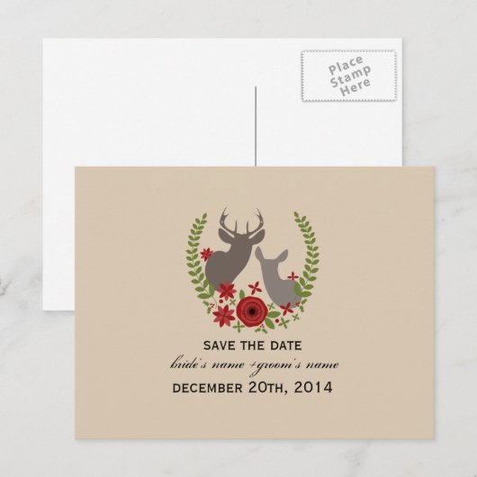 Rustieke Kerst Huwelijk Floral Deer Save The Date Aankondigingskaart (Voorkant / Achterkant)