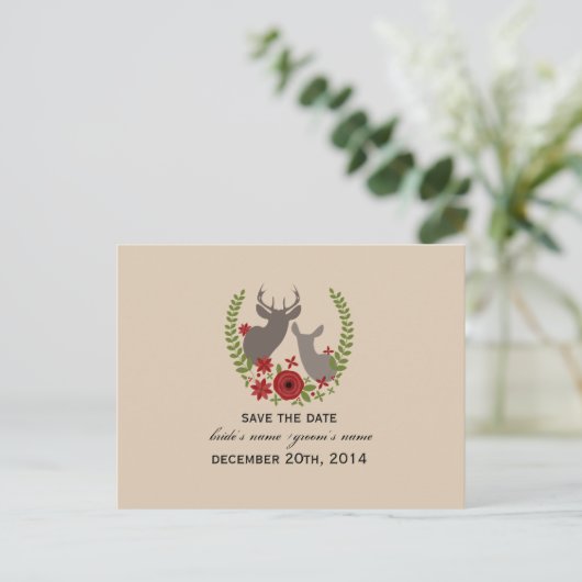 Rustieke Kerst Huwelijk Floral Deer Save The Date Aankondigingskaart (Staand voorkant)