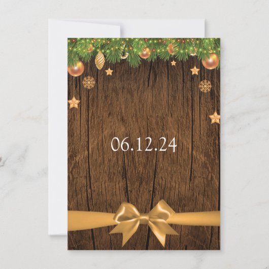 Rustieke Kerst Huwelijk Gouden Decoraties & Lint Kaart (Achterkant)