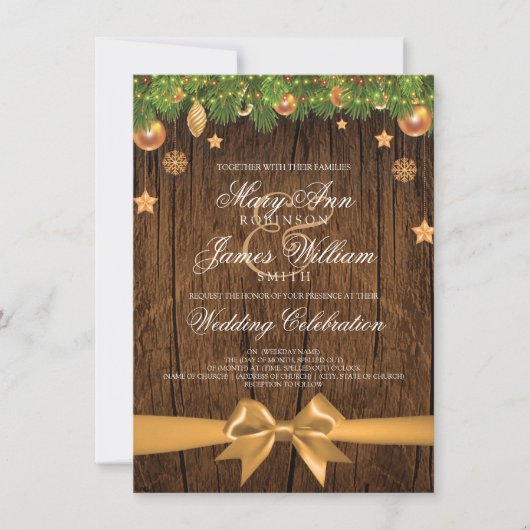 Rustieke Kerst Huwelijk Gouden Decoraties & Lint Kaart (Voorkant)