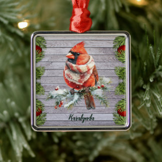 Rustieke Kerst Kardinaal Voeg uw naam toe Metalen Ornament