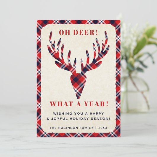 Rustieke kerst Oh Deer Wat een jaar Tartan Plaid Feestdagenkaart (Staand voorkant)