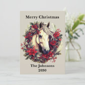 Rustieke Kerst Paard Poinsettia Krans Feestdagenkaart (Staand voorkant)
