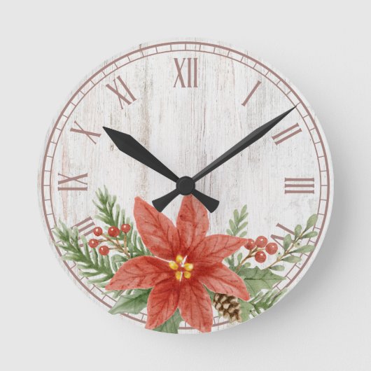 Rustieke kerst Poinsettia Botanical Ronde Klok (Voorkant)