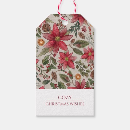 Rustieke Kerst Poinsettia's Cadeaulabel (Voorkant)