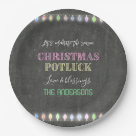 Rustieke Kerst Potluck Krijtbord Slingerlichtjes Papieren Bordje