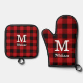 Rustieke Kerst Rode Buffel Plaid Monogram Ovenwant & Pannenlap Set (Voorkant)