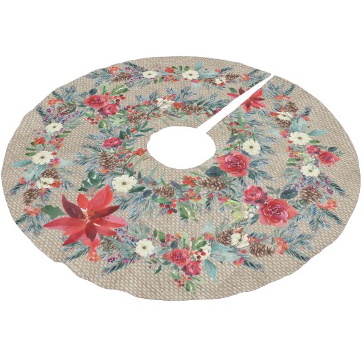 Rustieke kerst rode poinsettia waterverf burlap kerstboom rok (Gekanteld)