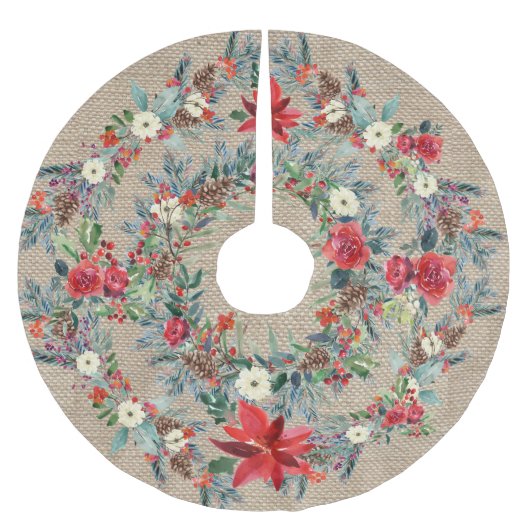 Rustieke kerst rode poinsettia waterverf burlap kerstboom rok (Voorkant)