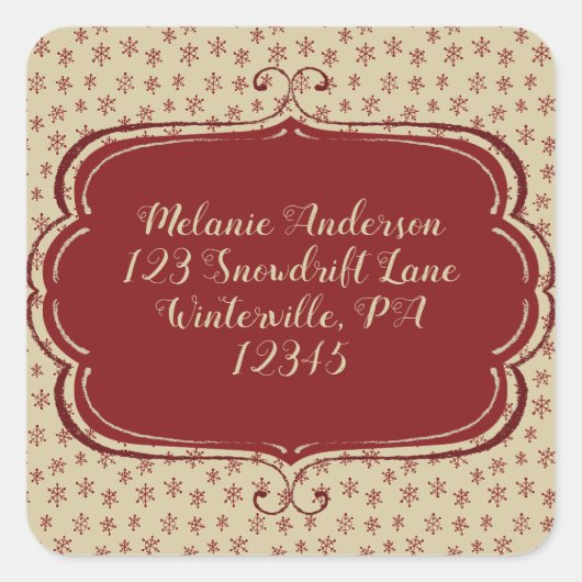 Rustieke kerst rode sneeuwvlok retouradres vierkante sticker (Voorkant)