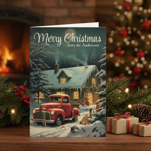 Rustieke Kerst Rode Truck en Huis Custom Feestdagen Kaart