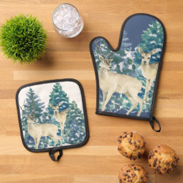 Rustieke Kerst Sneeuwachtig Bos Herten Decoratie V Ovenwant & Pannenlap Set